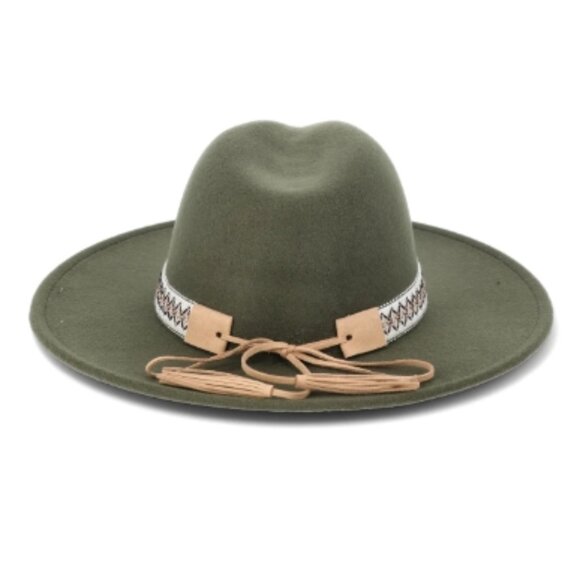 NEW Olive Felt Fedora Hat with Decorative Woven Fabric & Faux Suede Hat Band. - Picture 2 of 3